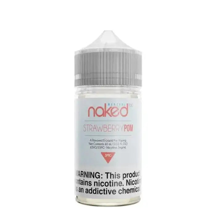 Bottle of e-liquid labeled ’Naked’ with a strawberry flavor.