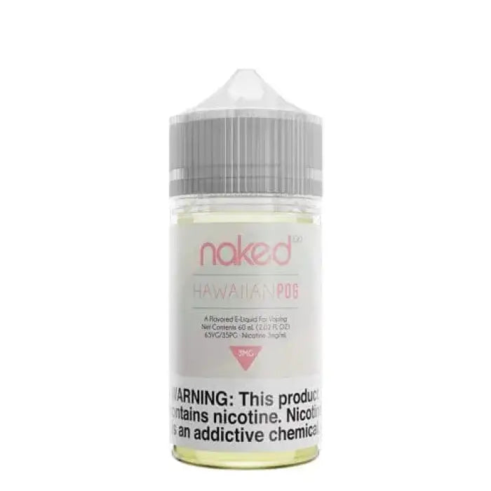 Bottle of e-liquid labeled ’naked’ with a nicotine warning.