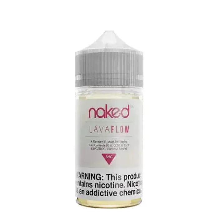 Bottle of e-liquid labeled ’Naked Lava Flow’ with a nicotine warning.