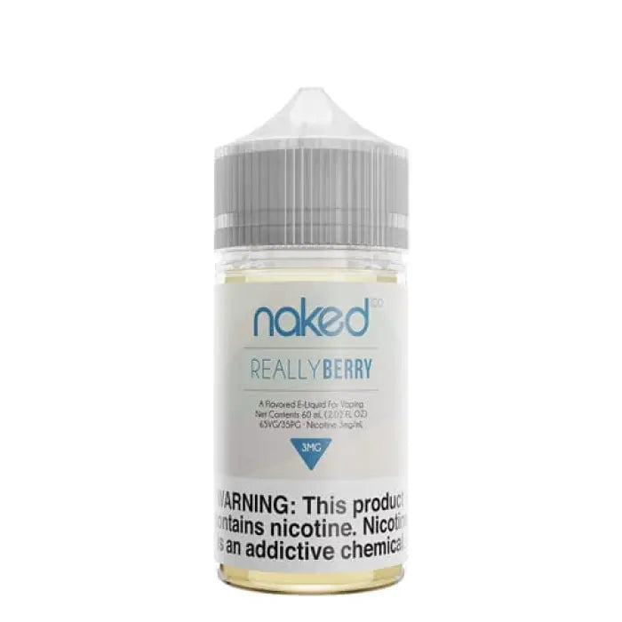 Bottle of ’Naked’ brand e-liquid in the ’Really Berry’ flavor with a nicotine warning label.