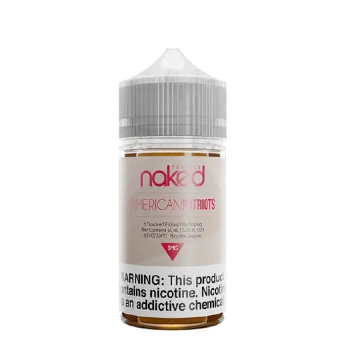 Bottle of e-liquid labeled ’Naked’ with a warning about nicotine content.