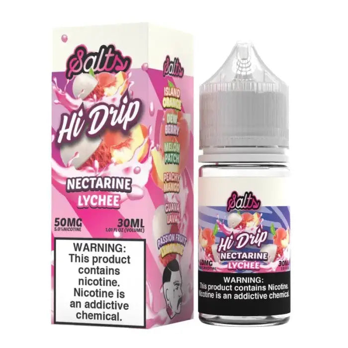 Bottle of Hi Drip e-liquid in Nectarine Lychee flavor with its packaging box.