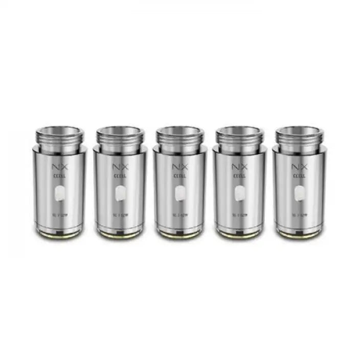 Five cylindrical metal vaping coils or atomizer heads lined up in a row.