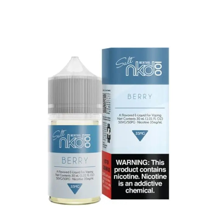 E-liquid bottle for vaping labeled ’Naked 100 Berry’ with accompanying product packaging.