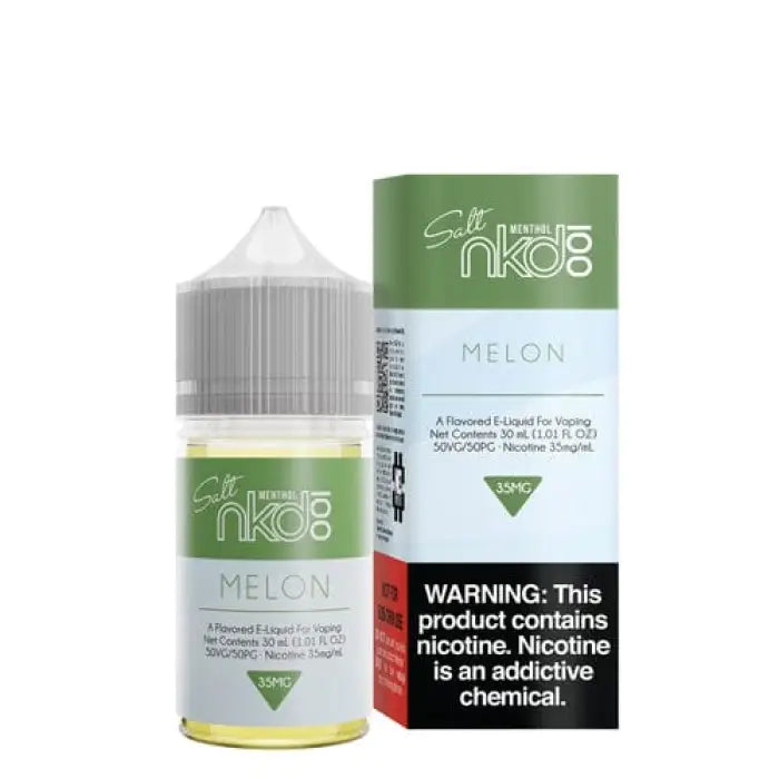 Bottle of melon-flavored e-liquid or vape juice with its packaging.