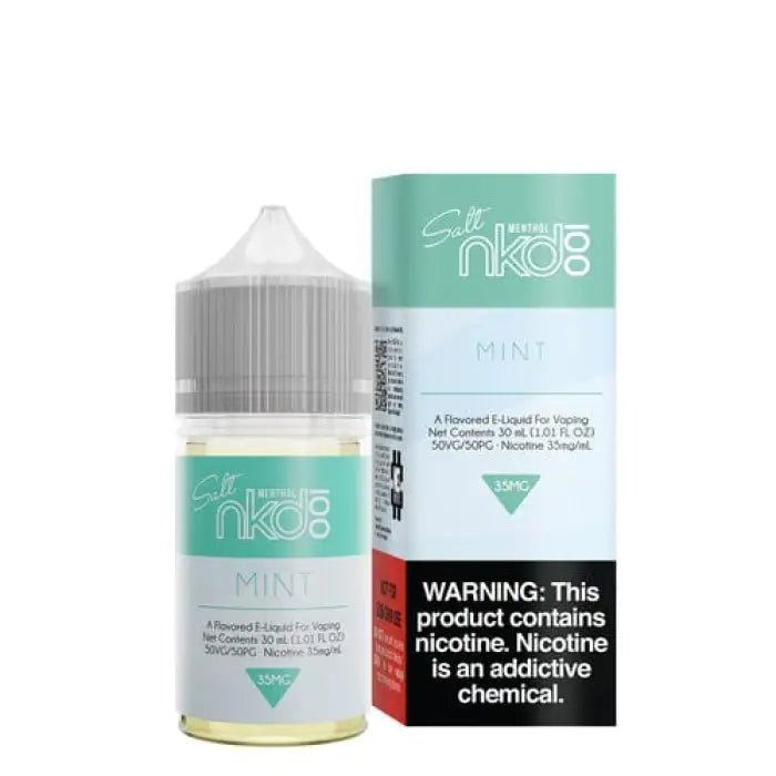 E-liquid bottle for vaping with mint flavor, accompanied by its packaging.