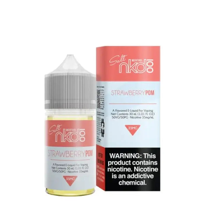 E-liquid bottle and packaging for a strawberry-flavored vaping product called ’Naked 100 Strawberry POM’.