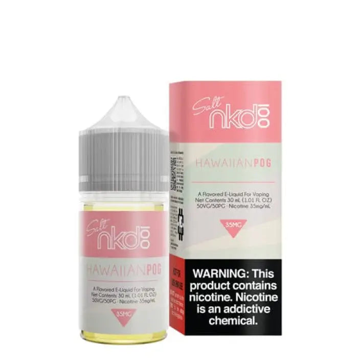 E-liquid bottle with pink and white packaging for a product called ’Naked 100 Hawaiian POG’.