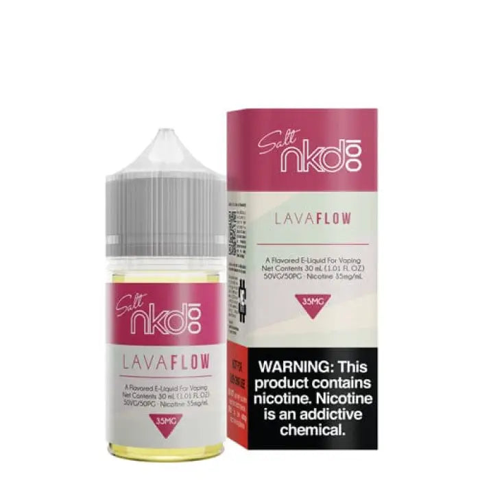 Bottle of Naked 100 e-liquid in the Lava Flow flavor with its packaging.