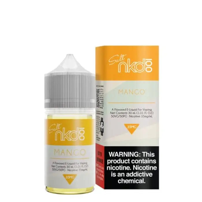 E-liquid bottle with orange and white packaging for a vaping product called ’Naked 100’’.