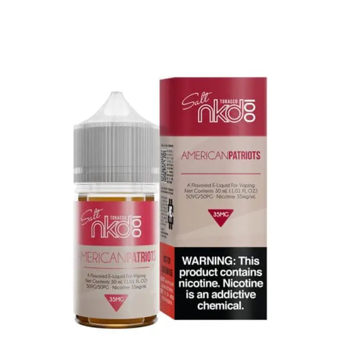 E-liquid bottle and packaging for a vaping product called ’American Patriots’ by Naked 100.