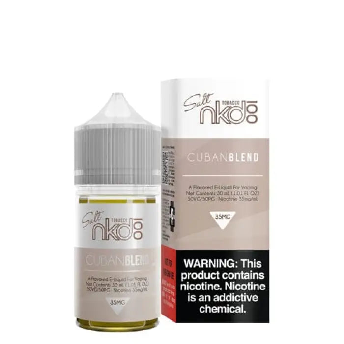 E-liquid bottle for electronic cigarettes labeled ’Naked 100 Cuban Blend’ with a nicotine warning.