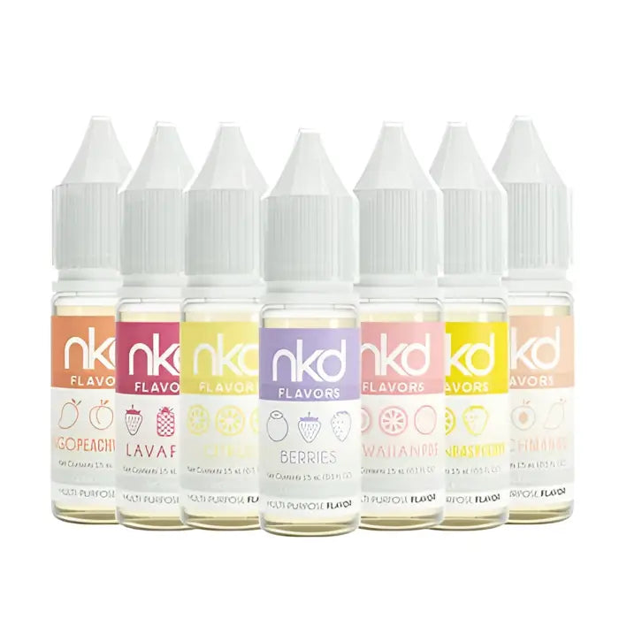 Seven small bottles of flavored e-liquid or vape juice with colorful labels.