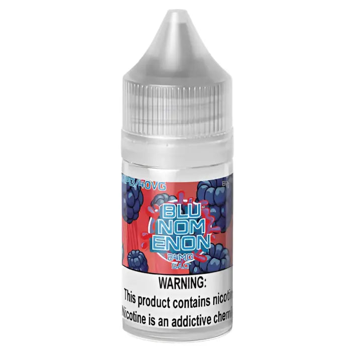 Bottle of e-liquid or vape juice labeled ’Blu Nom Enom’ with a blueberry flavor design.