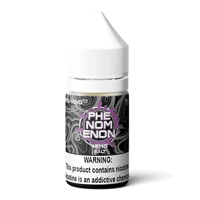 Bottle of e-liquid labeled ’Phenomenon’ with a warning about nicotine content.