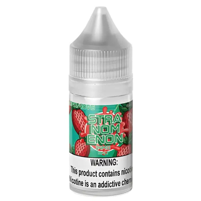 Bottle of strawberry-flavored e-liquid or vape juice with a warning label.