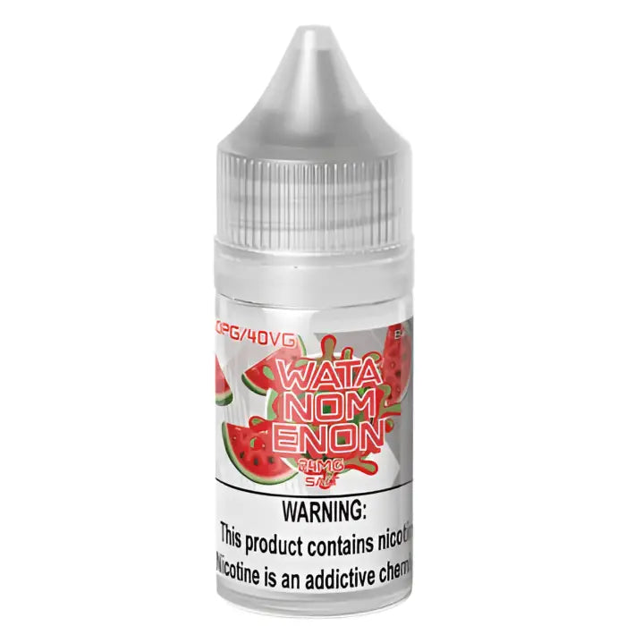 Bottle of watermelon-flavored e-liquid or vape juice with a warning label.