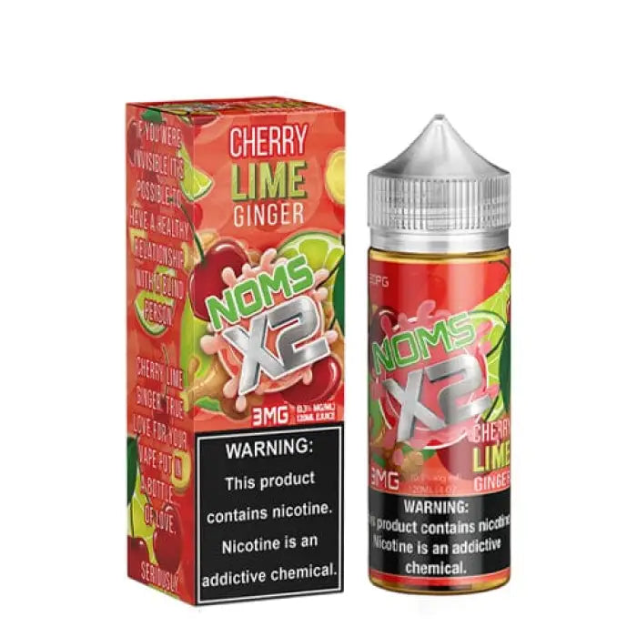 E-liquid bottle and packaging for Cherry Lime Ginger flavored vape juice by Noms X2.