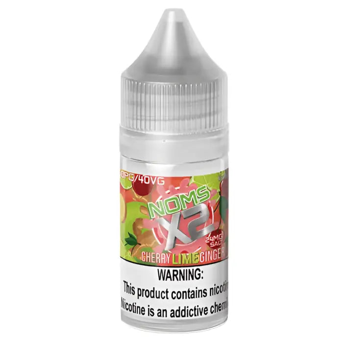 Bottle of e-liquid labeled ’Noms X2 Cherry Lime Ginger’ with a nicotine warning.