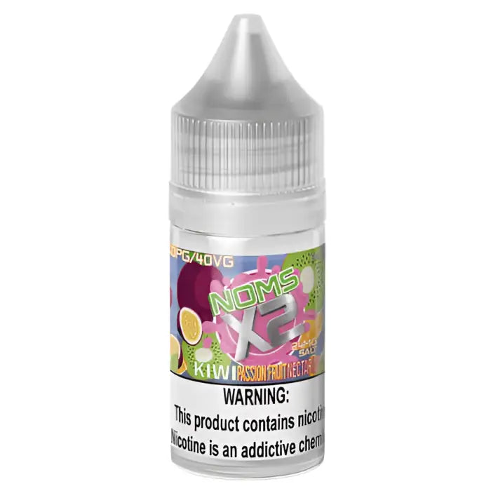 E-liquid bottle for vaping labeled ’Nom’s Ice Kiwi Passion’ with a warning about nicotine content.