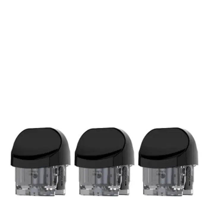 Three identical black-topped vape pods or cartridges with clear bases.