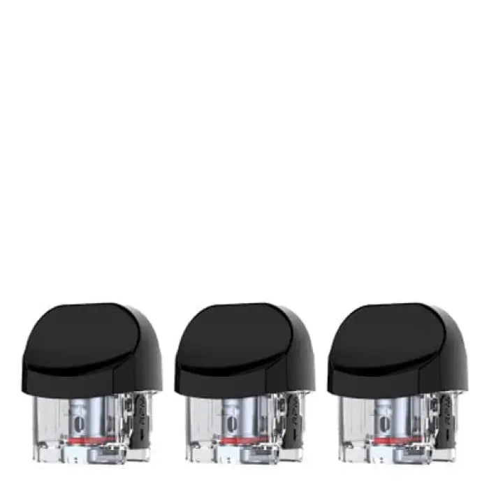 Three identical black-topped vaping pods or cartridges with transparent bases.