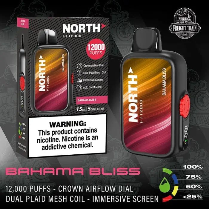 Disposable vape device with colorful packaging featuring a ’North’ brand and ’Bahama Bliss’ flavor.