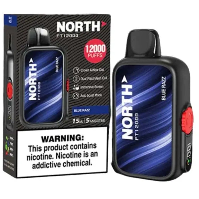 Disposable vape device called ’North’ with 12000 puffs and blue packaging.