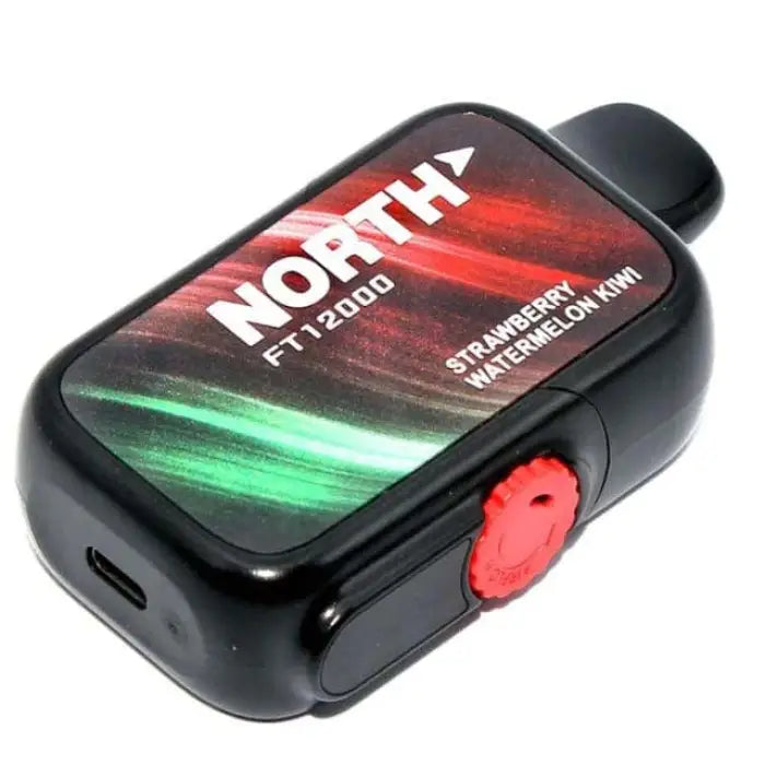 Vape device with a colorful display showing ’NORTH’ and aurora-like imagery.