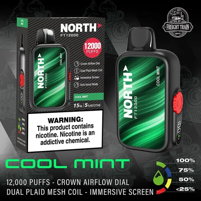 Disposable vape device with ’North’ branding and ’Cool Mint’ flavor, featuring 12,000 puffs and a warning label about nicotine content.