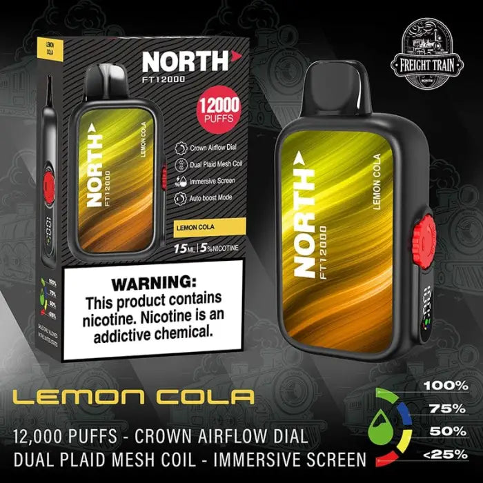 Electronic vaping device with lemon cola flavor and 12,000 puffs capacity.