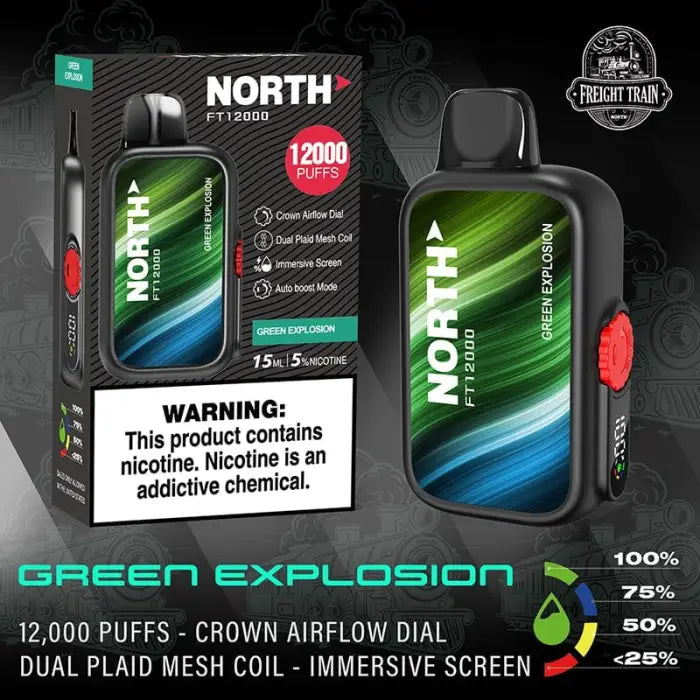 Disposable vape device called ’NORTH’ with green and blue packaging featuring 12,000 puffs.