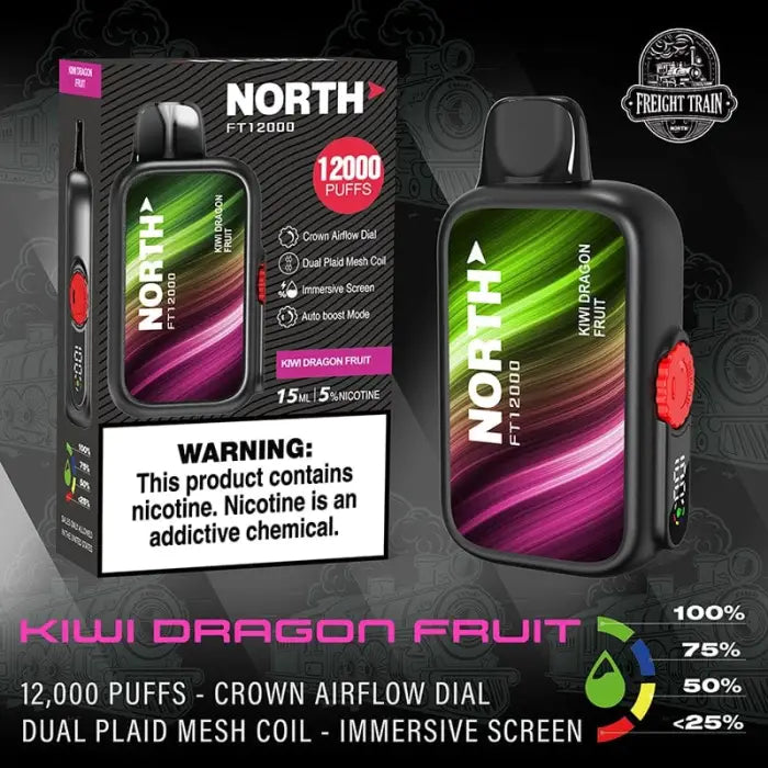 Disposable vape device with a colorful gradient design featuring kiwi dragon fruit flavor.