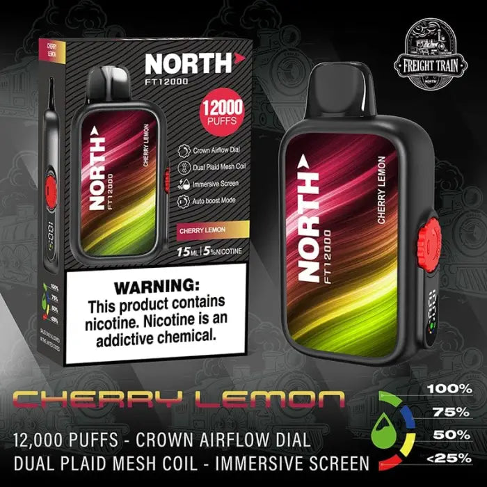 Disposable vape device with a colorful gradient design labeled ’NORTH’ and ’Cherry Lemon’ flavor.