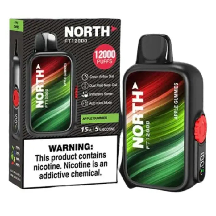 Disposable vape device called ’NORTH’ with 12000 puffs and a colorful gradient display.