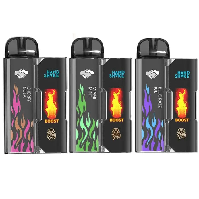 Three electronic vaping devices with colorful flame designs and ’Hand Shake’ branding.