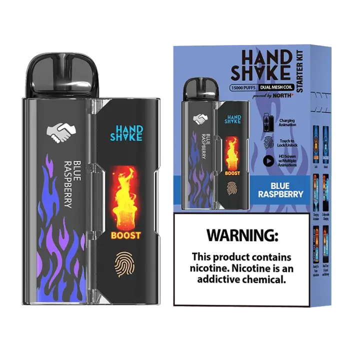 Electronic vaping device with colorful flame graphics and a warning label about nicotine content.