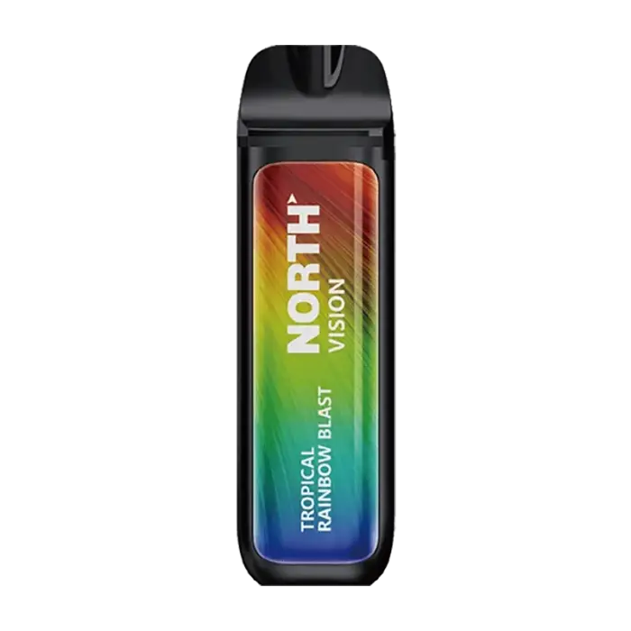 Disposable vape device with a rainbow-colored label displaying ’NORTH’ and ’TROPICAL RAINBOW BLAST’.