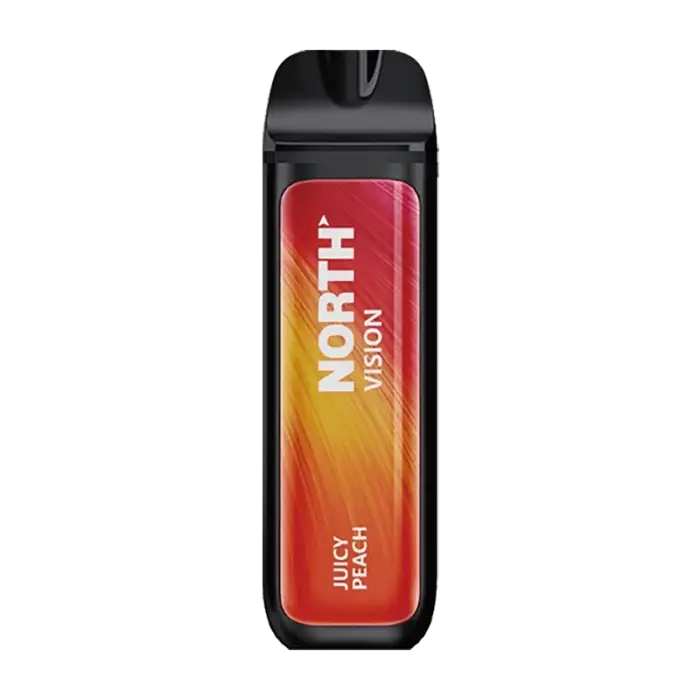 Disposable e-cigarette or vape device with ’NORTH’ branding in red and yellow gradient colors.