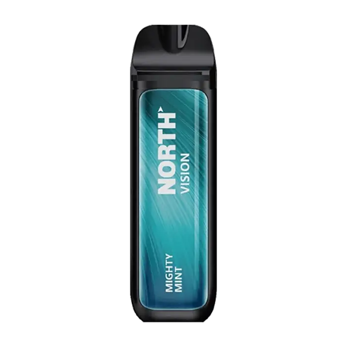 Disposable e-cigarette or vape device labeled ’NORTH’ with a teal-colored display.