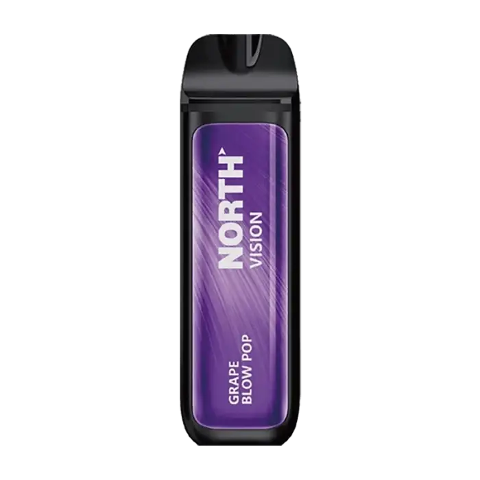 Purple and black electronic vaping device labeled ’NORTH’ and ’VISION’.