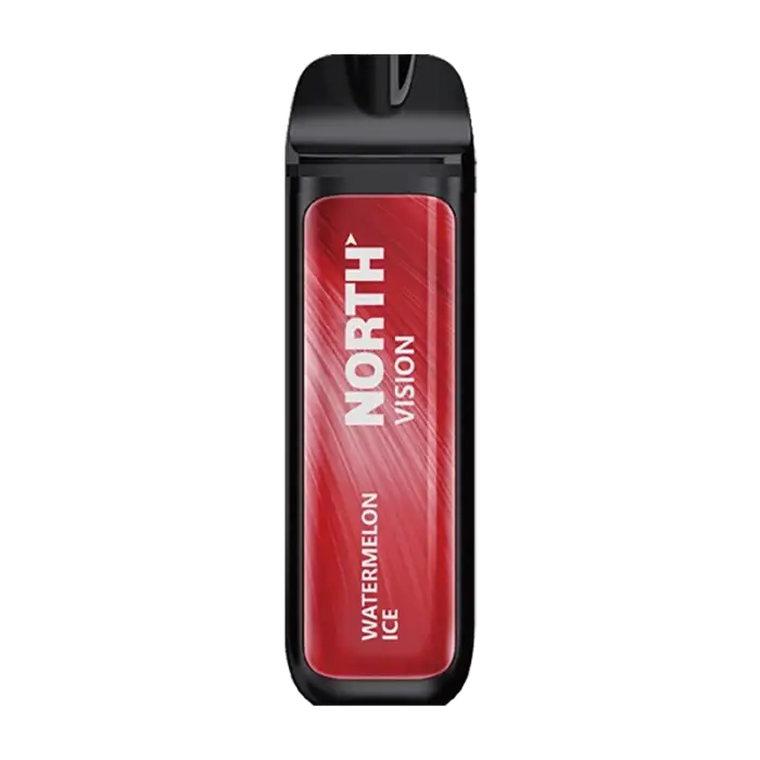 Red and black electronic vaping device labeled ’NORTH’ and ’WATERMELON ICE’.