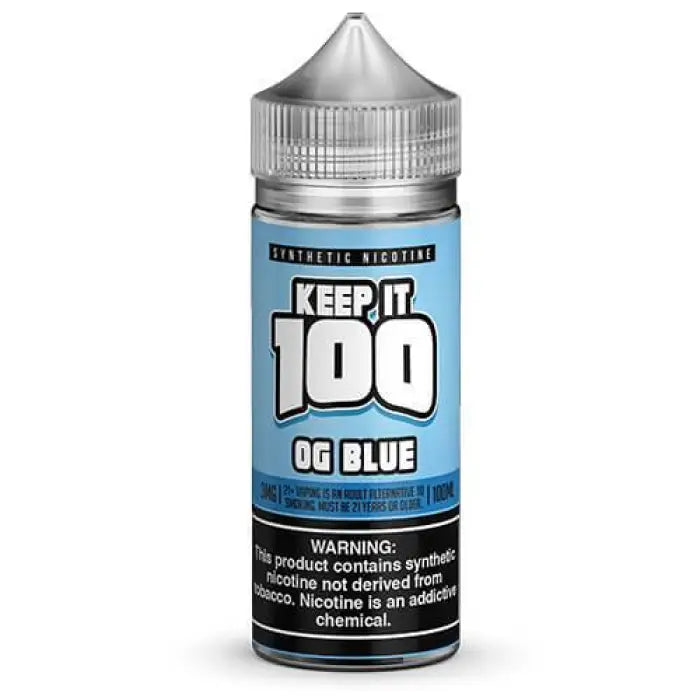 Bottle of e-liquid labeled ’Keep it 100 OG Blue’ with a warning about nicotine content.