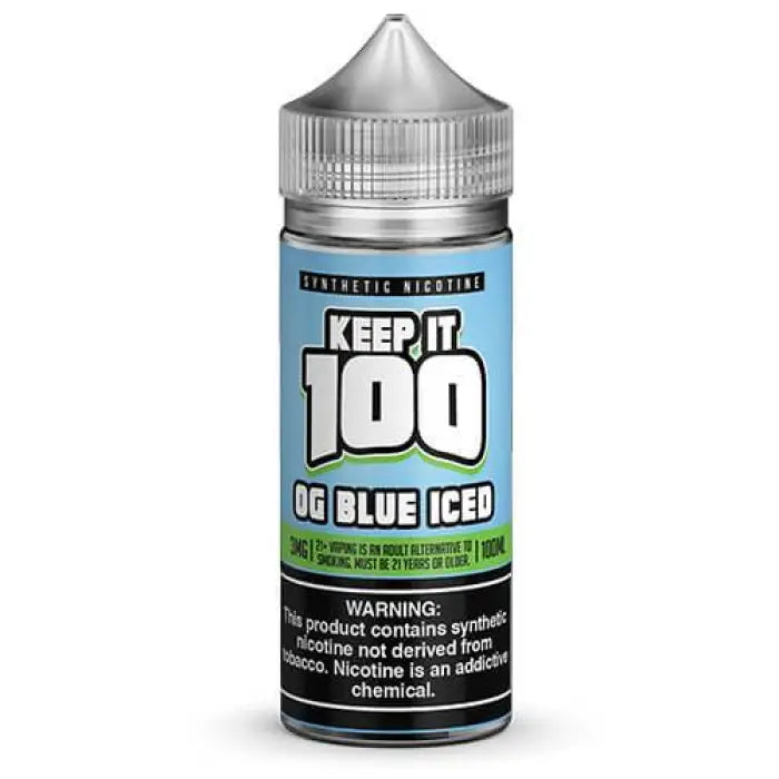 E-liquid bottle labeled ’Keep it 100 OG Blue Iced’ with a blue and white design.