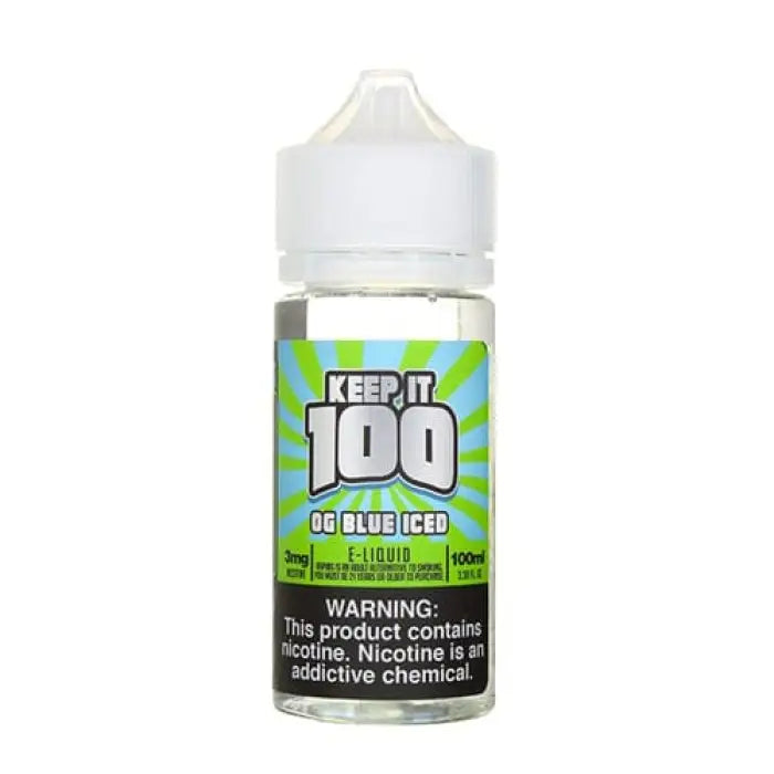 Bottle of e-liquid labeled ’Keep it 100’’ with blue and green design elements.