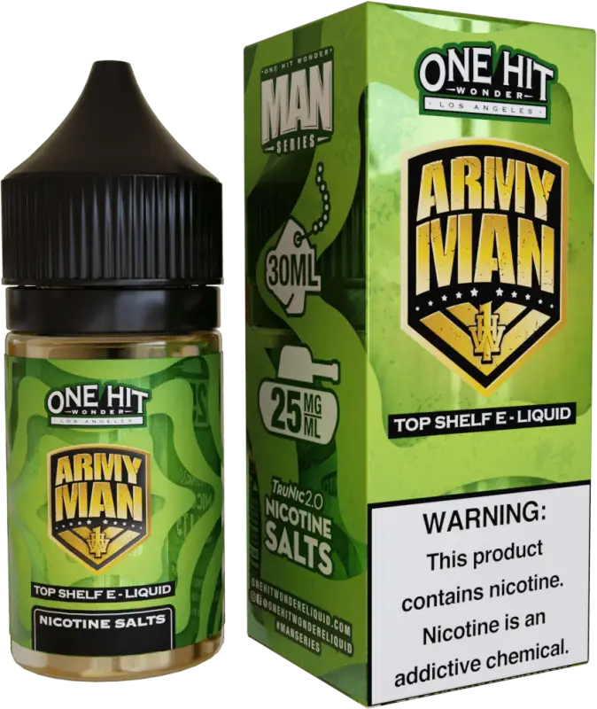 E-liquid bottle and packaging for ’Army Man’ flavor by One Hit Wonder.