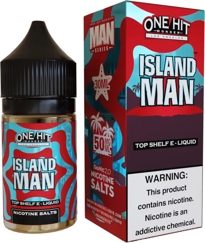 E-liquid bottle and packaging for ’Island Man’ vape juice by One Hit Wonder.