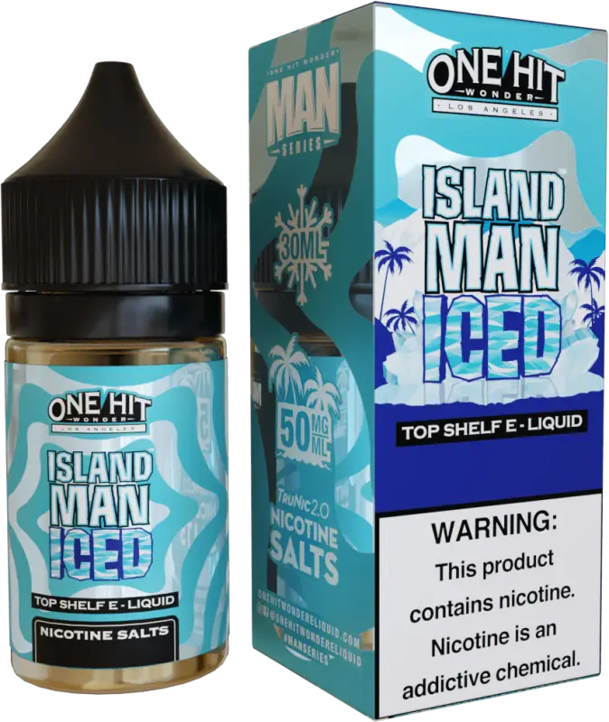 E-liquid bottle and packaging for ’Island Man Iced’ vape juice by One Hit Wonder.