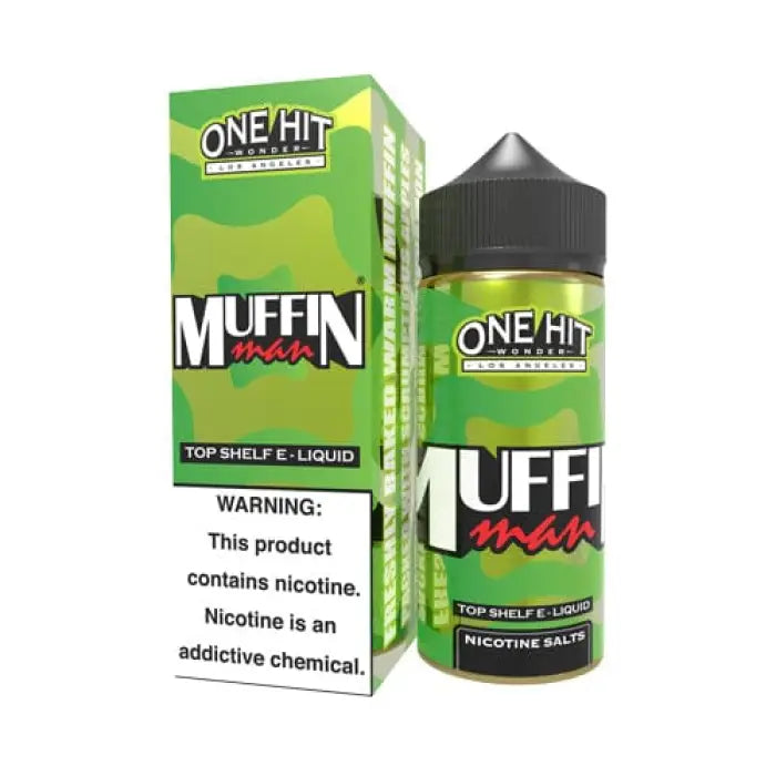 E-liquid bottle and packaging for ’One Hit Wonder Muffin Man’ vape juice.