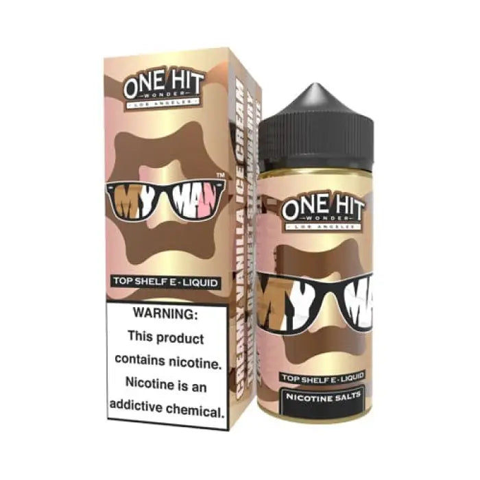 E-liquid bottle and packaging for a vape product called ’One Hit Wonder.’